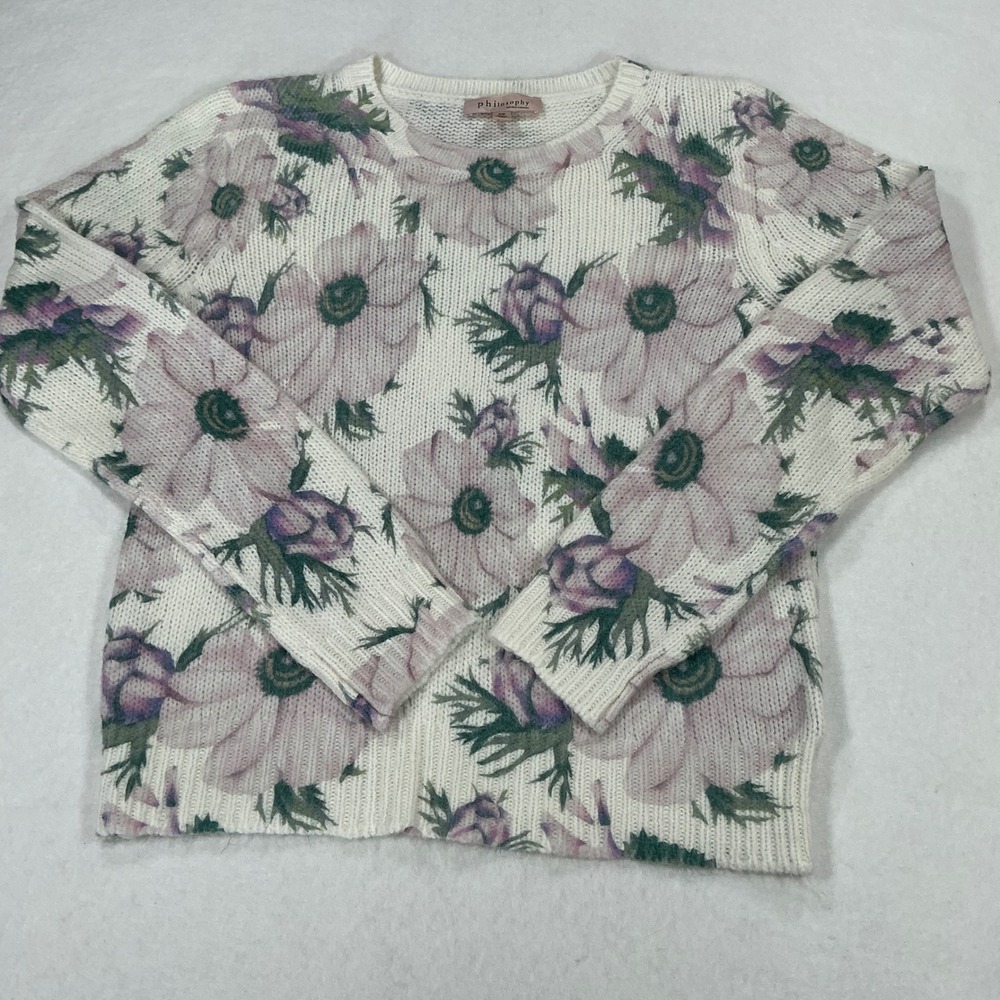 Philosophy Republic Clothing Floral Crew Neck Sweater White Purple Green M
